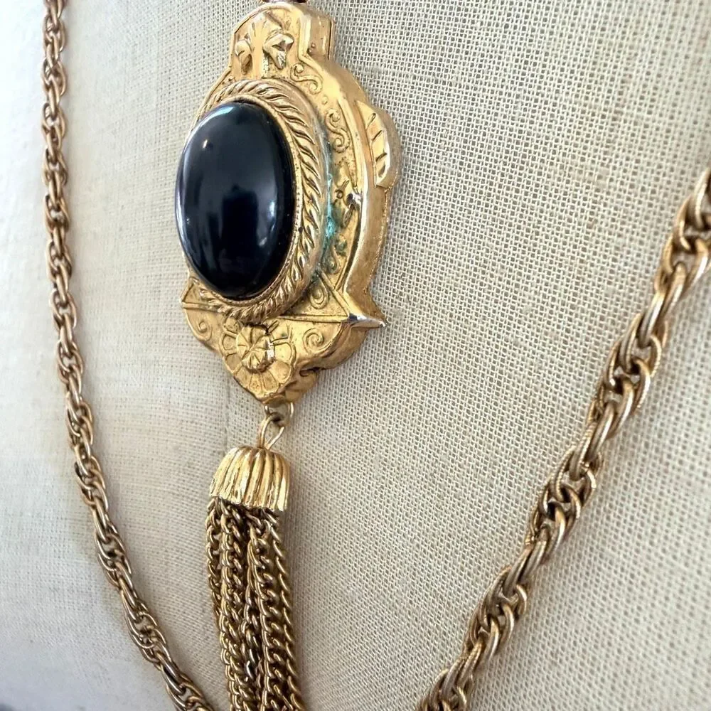 Vintage Double Chain Victorian Revival Pendant Necklace with Tassel